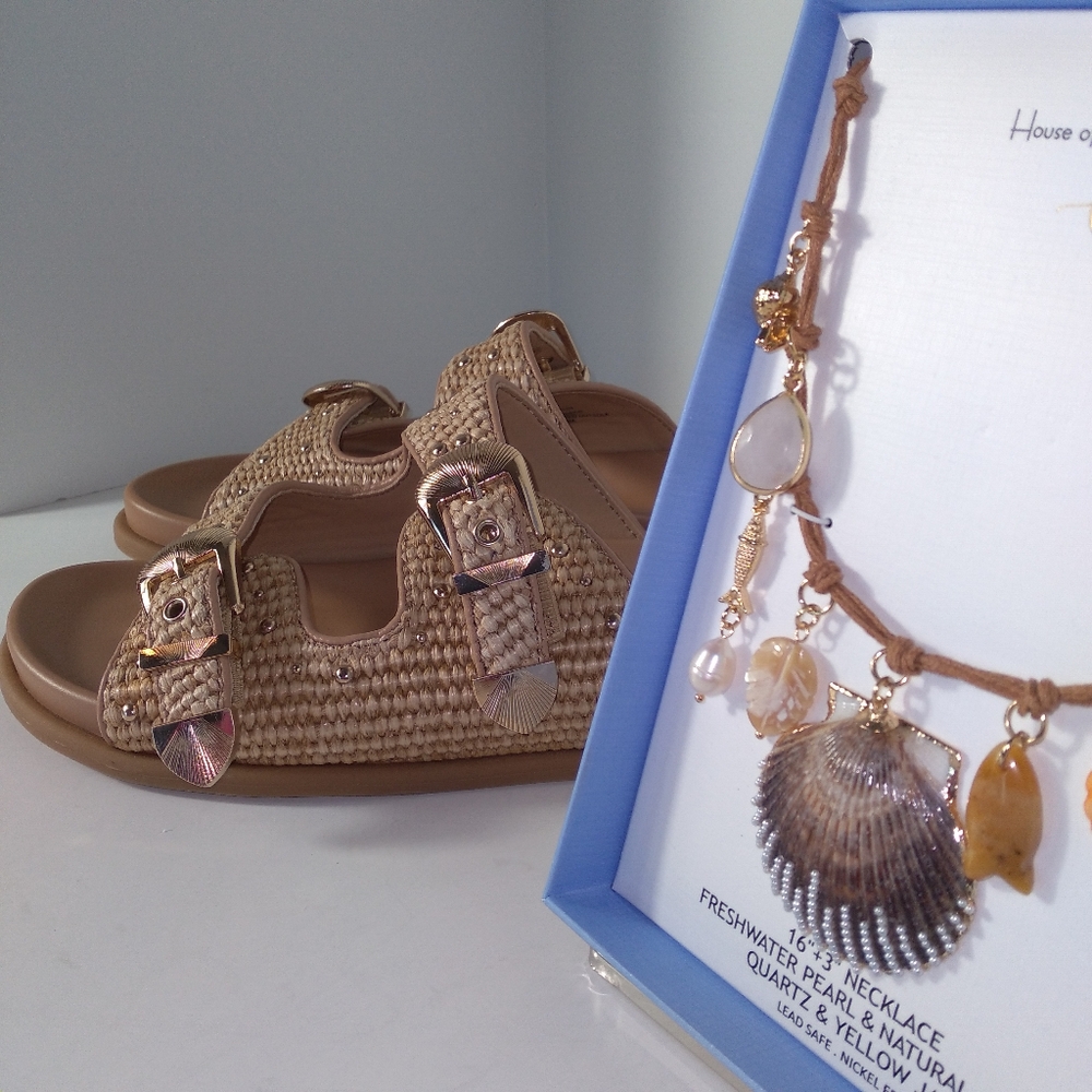 Steve Madden Tan/Gold Shell Buckle Strap Sandals, Freshwater Pearl Necklace Set - Picture 3 of 8